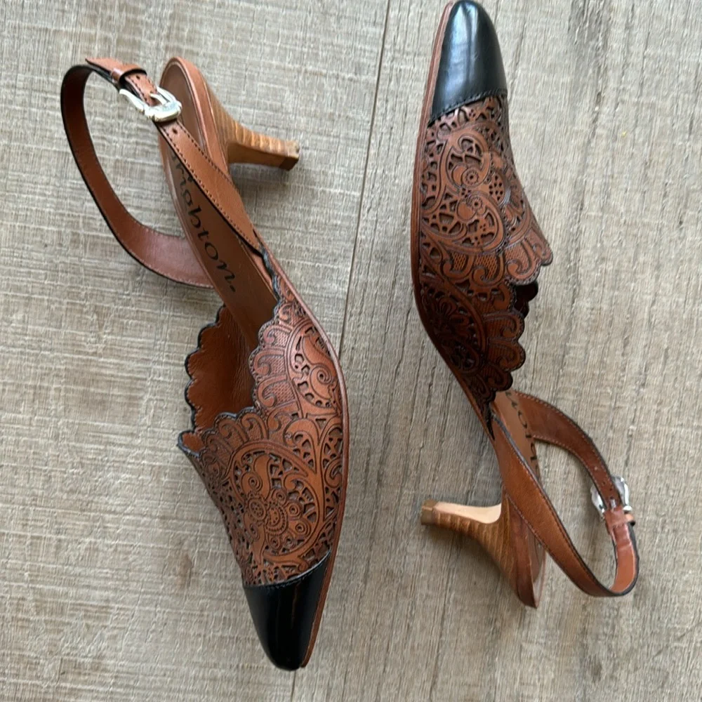 Brighton Fancy Brown & Black Laser Cut Kitten Heel Slingback Shoes Size 8 - Picture 4 of 10